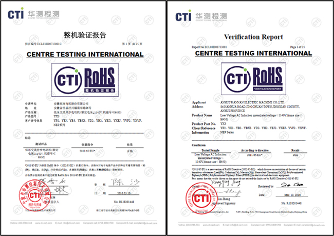皖南電機：歐盟ROHS認證證書